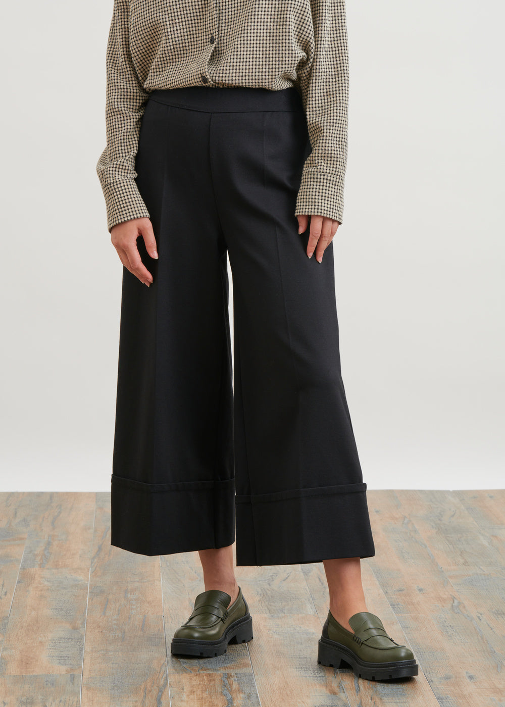Pantalon large en jersey milano avec grands revers 7/8ème - NOIR#couleur_NOIR