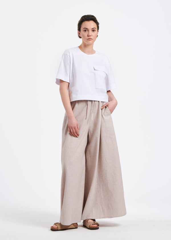 Pantalon jupe culotte écru en chambray de lin viscose - DESERT#couleur_DESERT