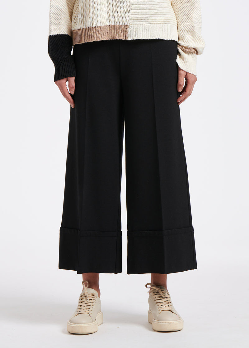 Pantalon large noir à grand revers en jersey milano - NOIR#couleur_NOIR