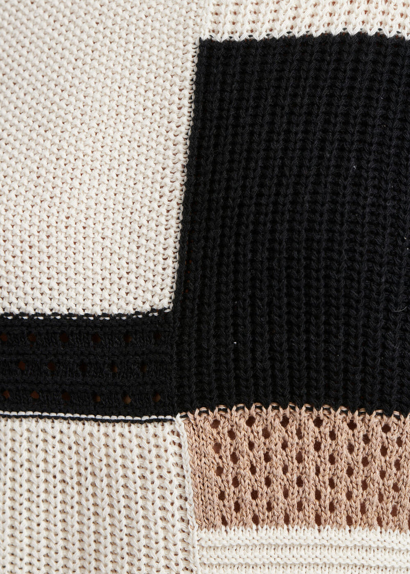 Pull graphique écru et noir manches longues - COQUILLAGE/NOIR#couleur_COQUILLAGE/NOIR