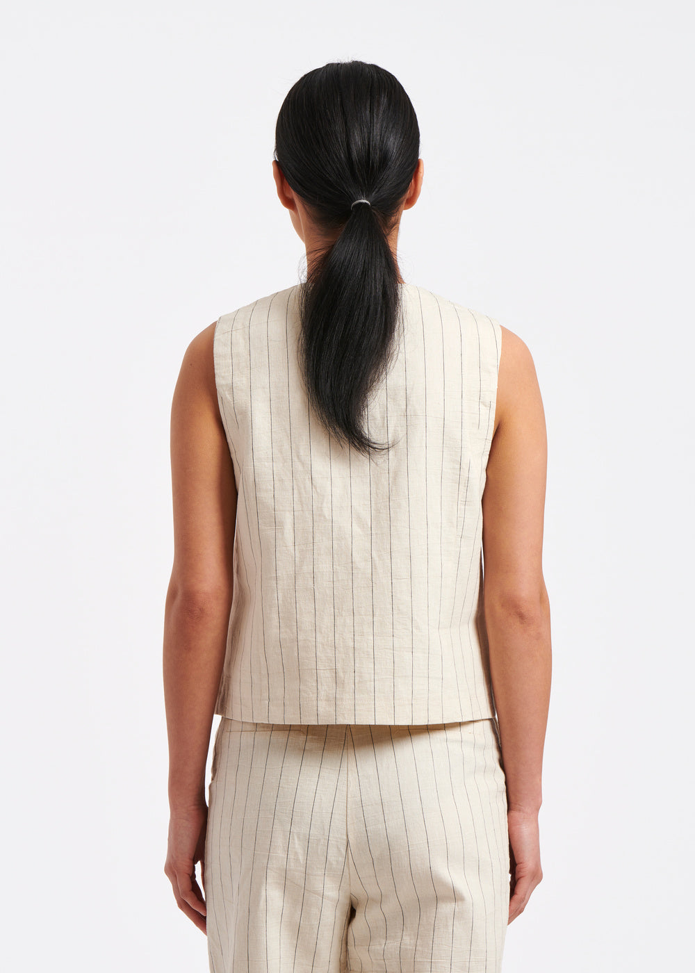 Veston écru chiné en coton lin à fines rayures - ECRU/NOIR#couleur_ECRU/NOIR