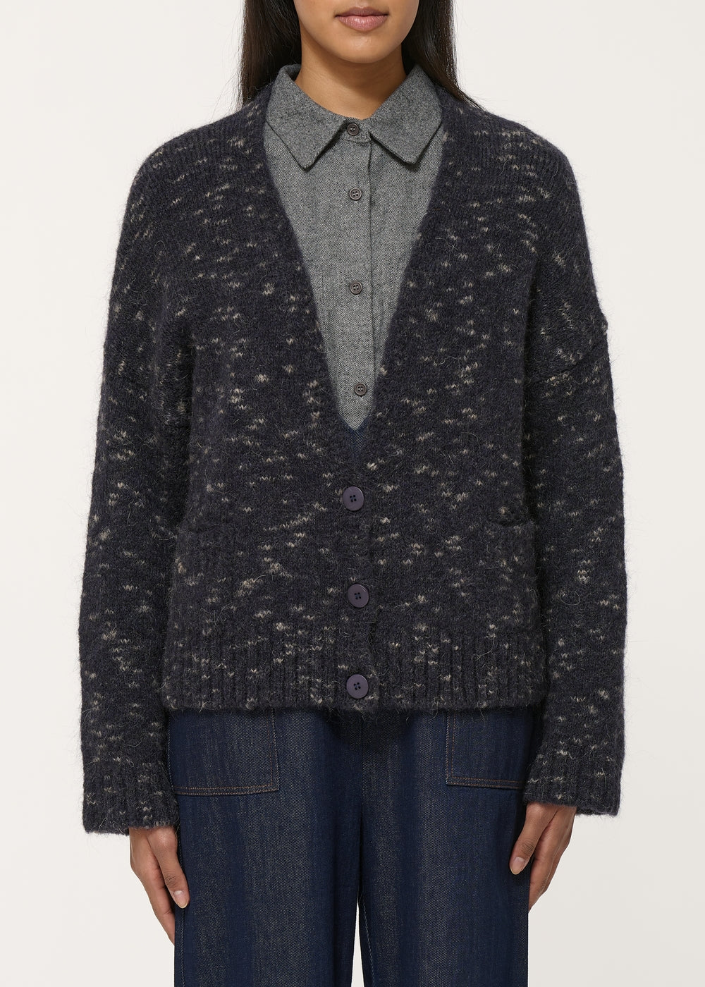 Gilet ampio blu navy con scollo a V in lana e mohair