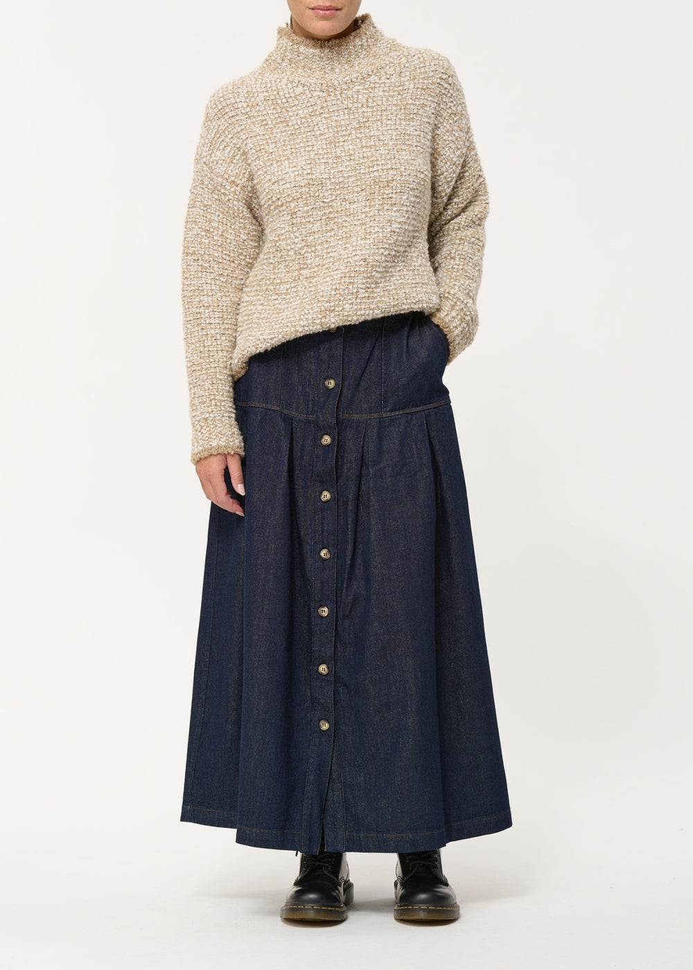 Gonna lunga in denim morbido a vita alta