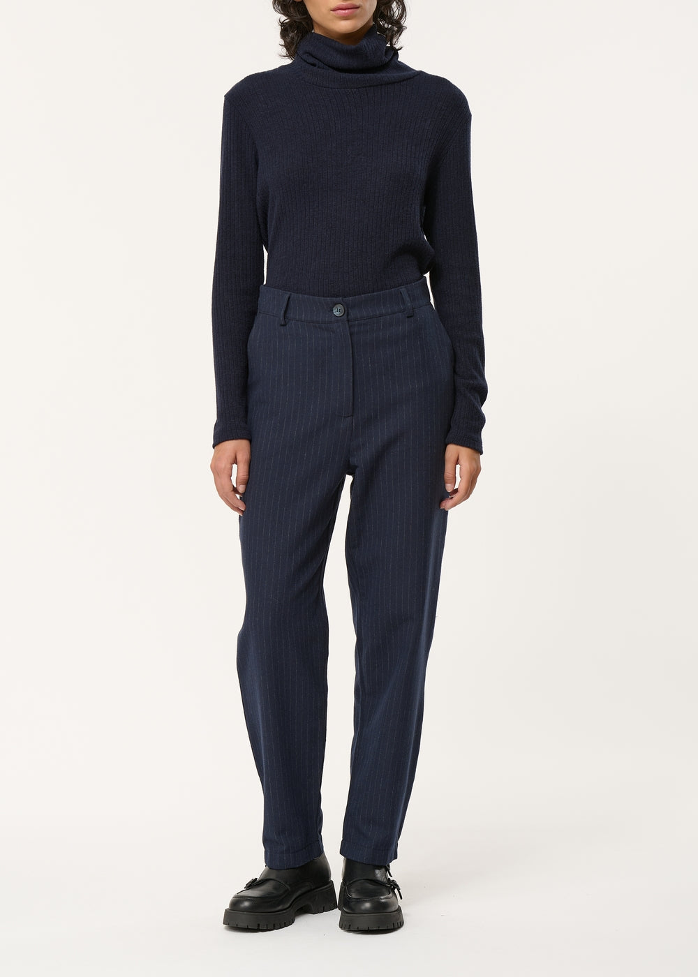 Pantalone carota blu in flanella a righe