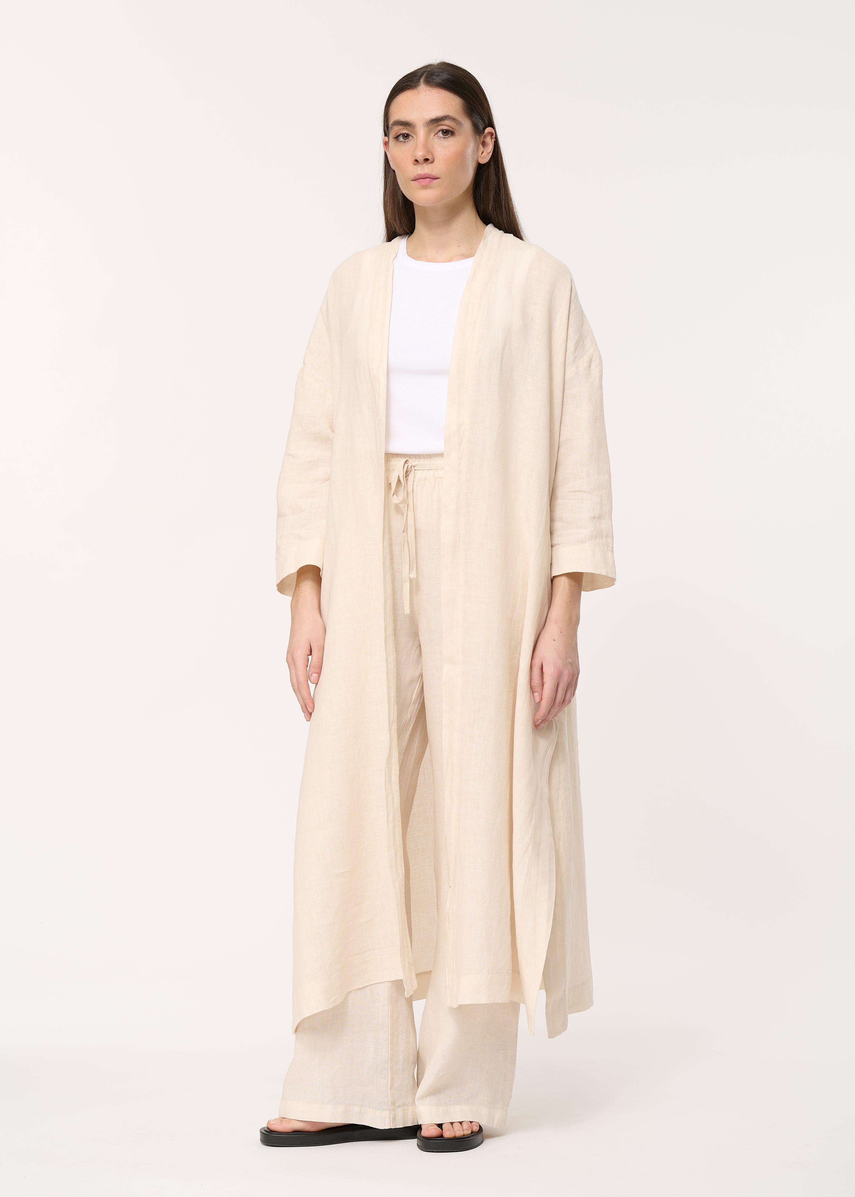 Kimono long oversize écru en lin manches 3/4 - ECRU#couleur_ECRU