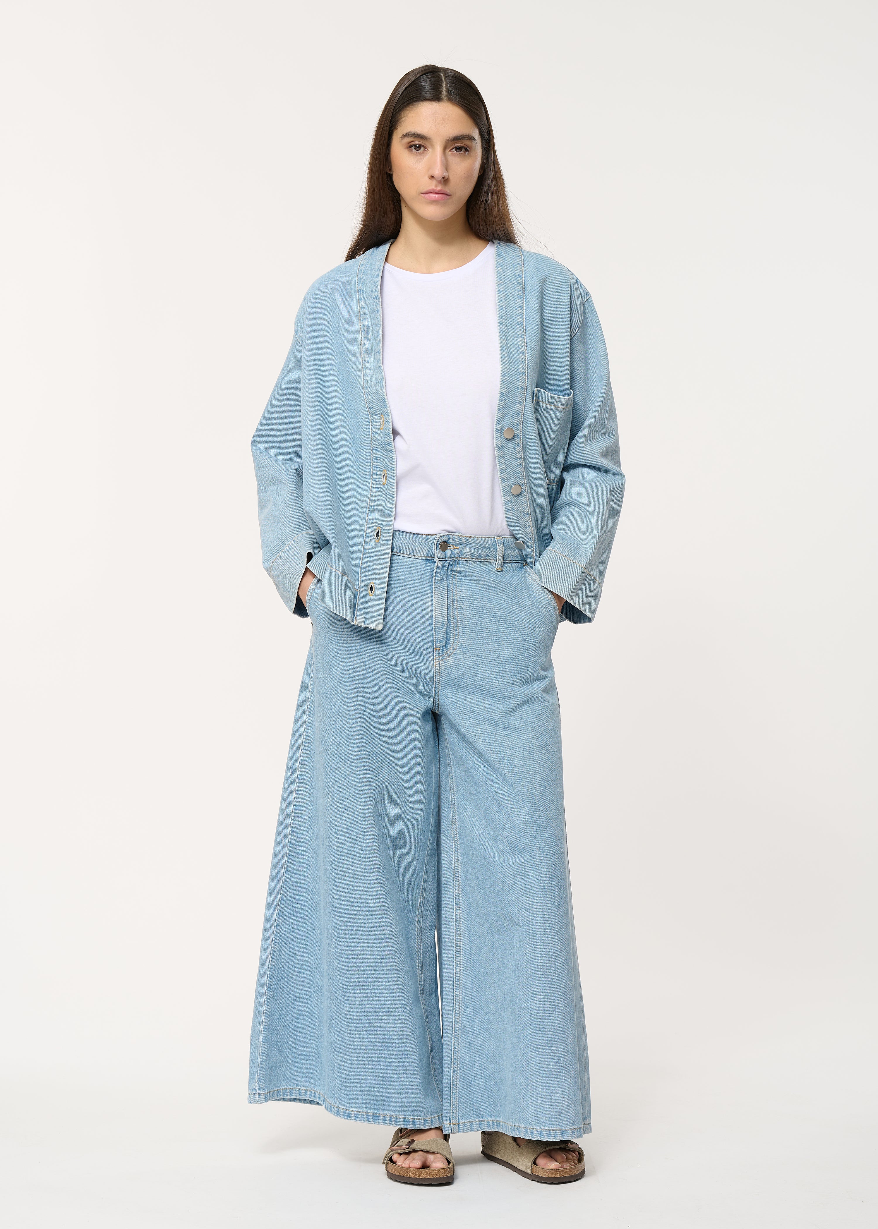 Jean large taille haute bleu en coton biologique - DENIM LIGHT#couleur_DENIM LIGHT