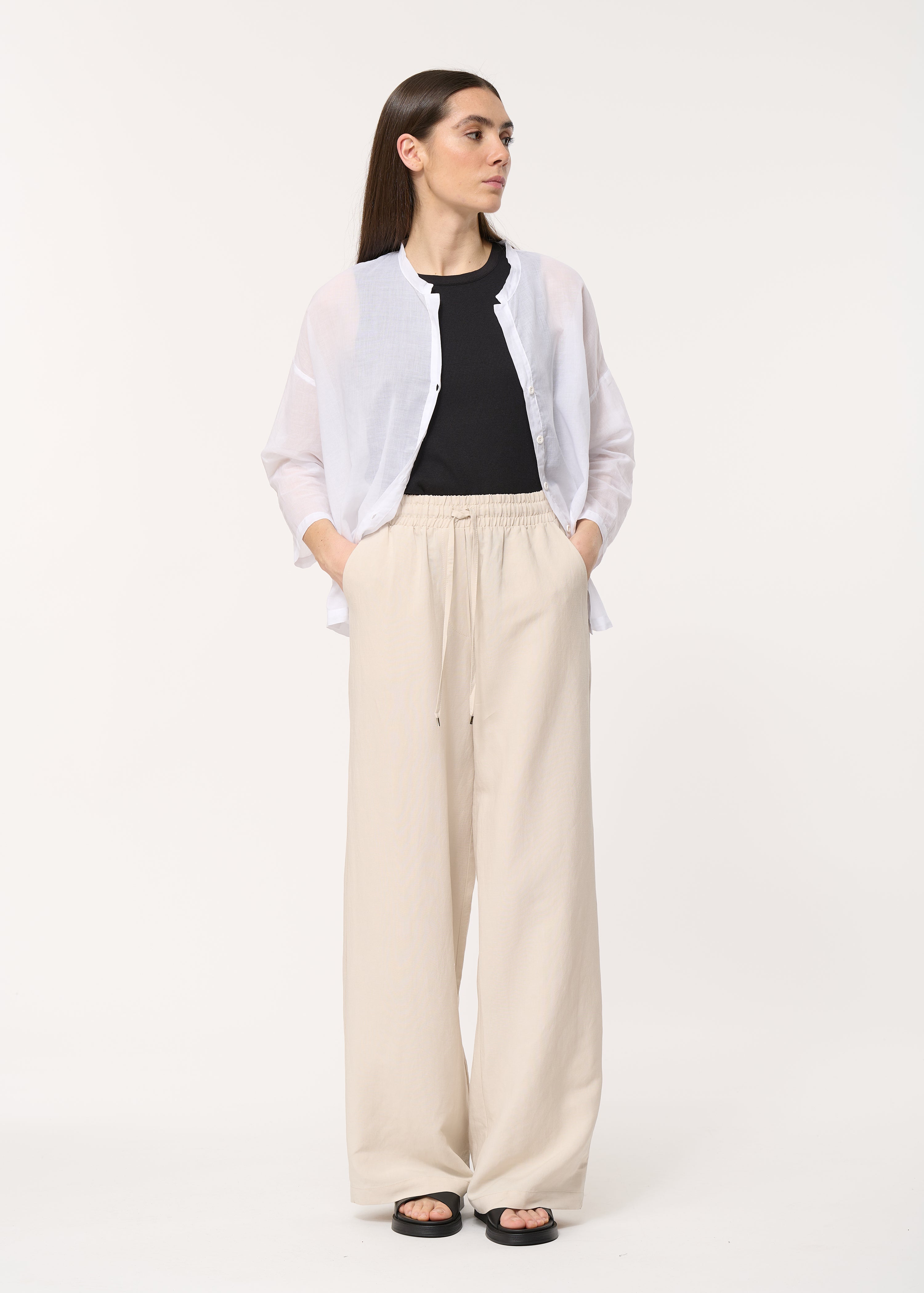 Pantalon large beige taille élastiquée - BEIGE#couleur_BEIGE