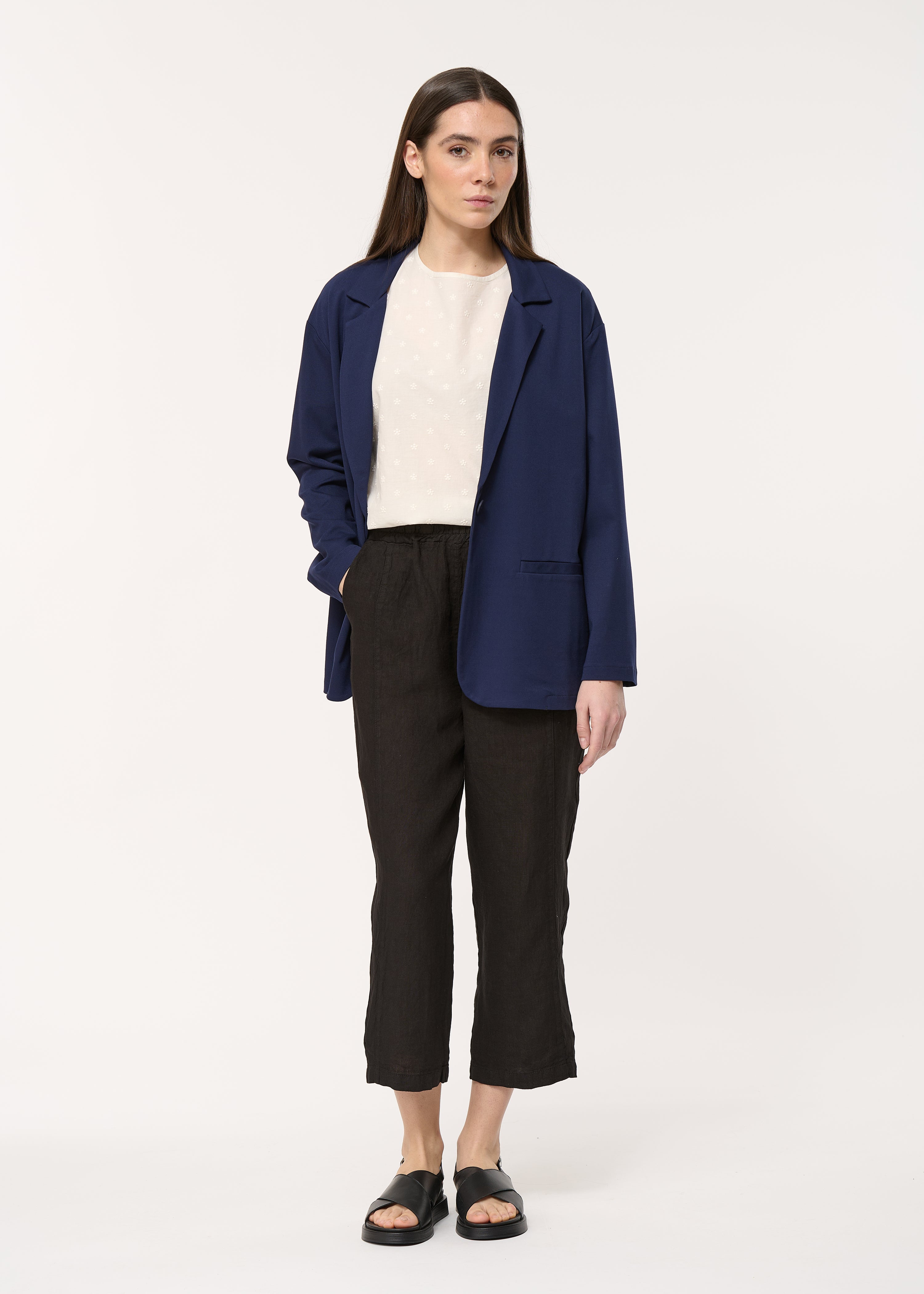 Pantalon noir en lin à taille haute élastiquée - NOIR#couleur_NOIR