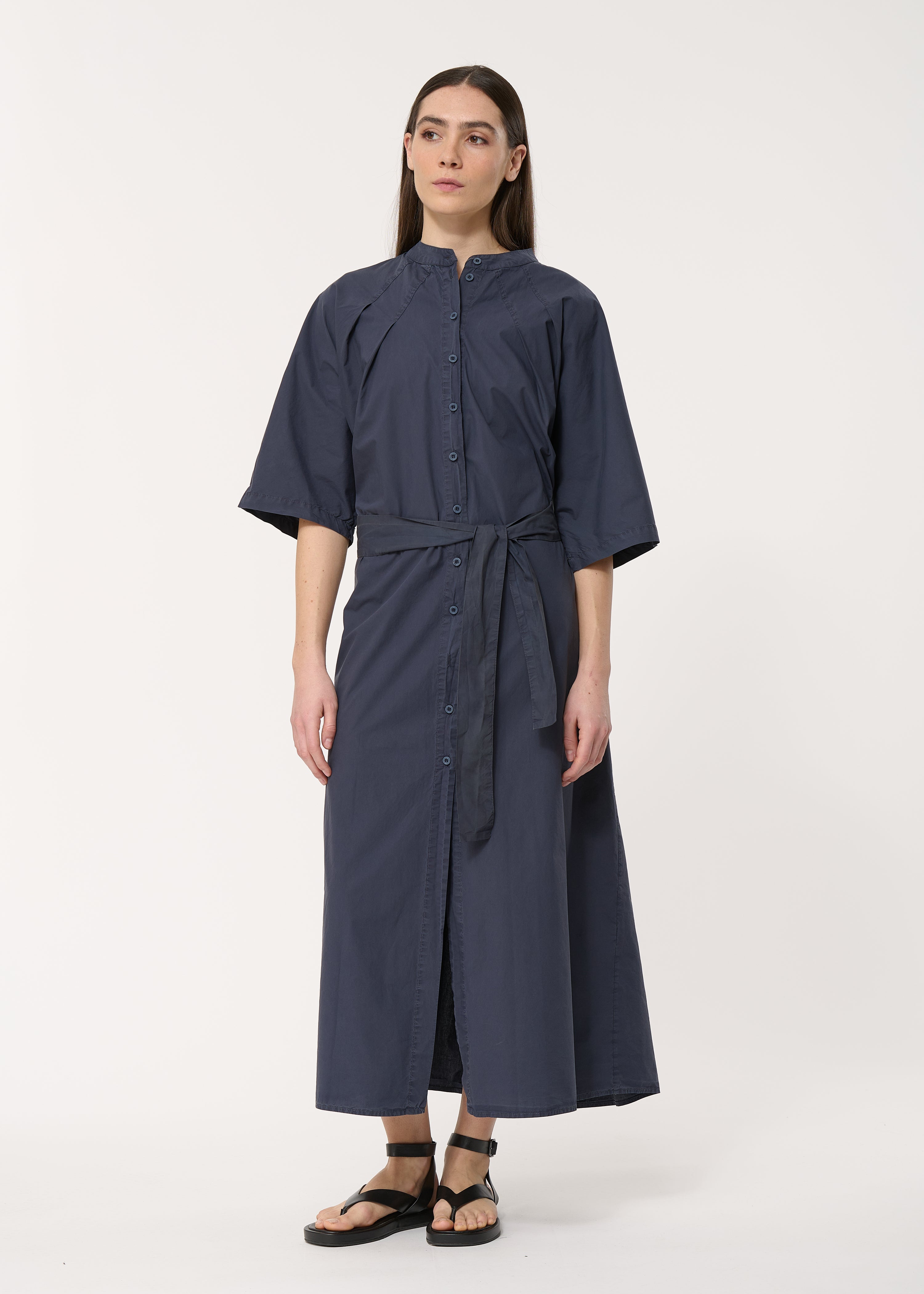 Robe longue bleu marine en popeline de coton - MARINE#couleur_MARINE