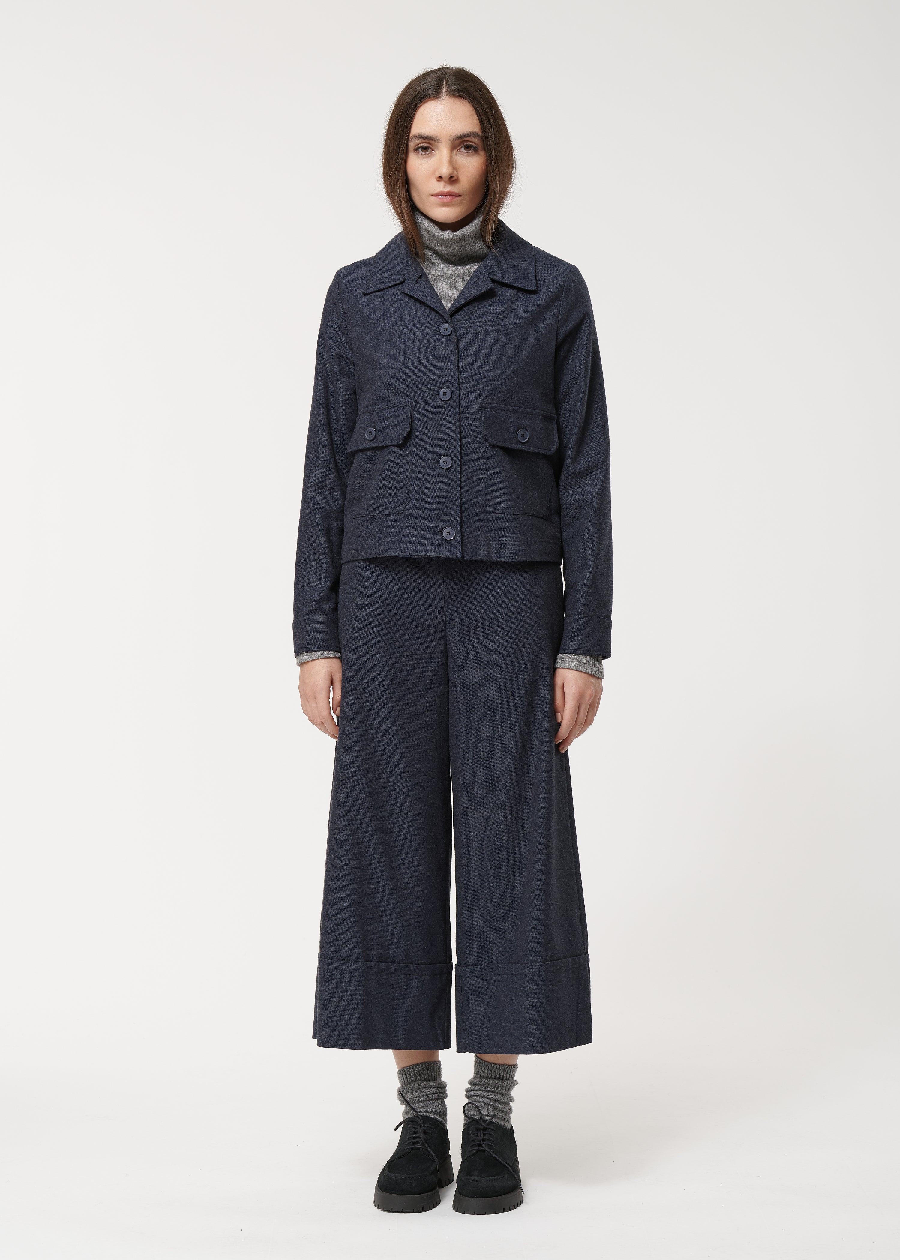 Pantalon bleu marine 7/8ème en flanelle dessin chevron - MARINE#couleur_MARINE