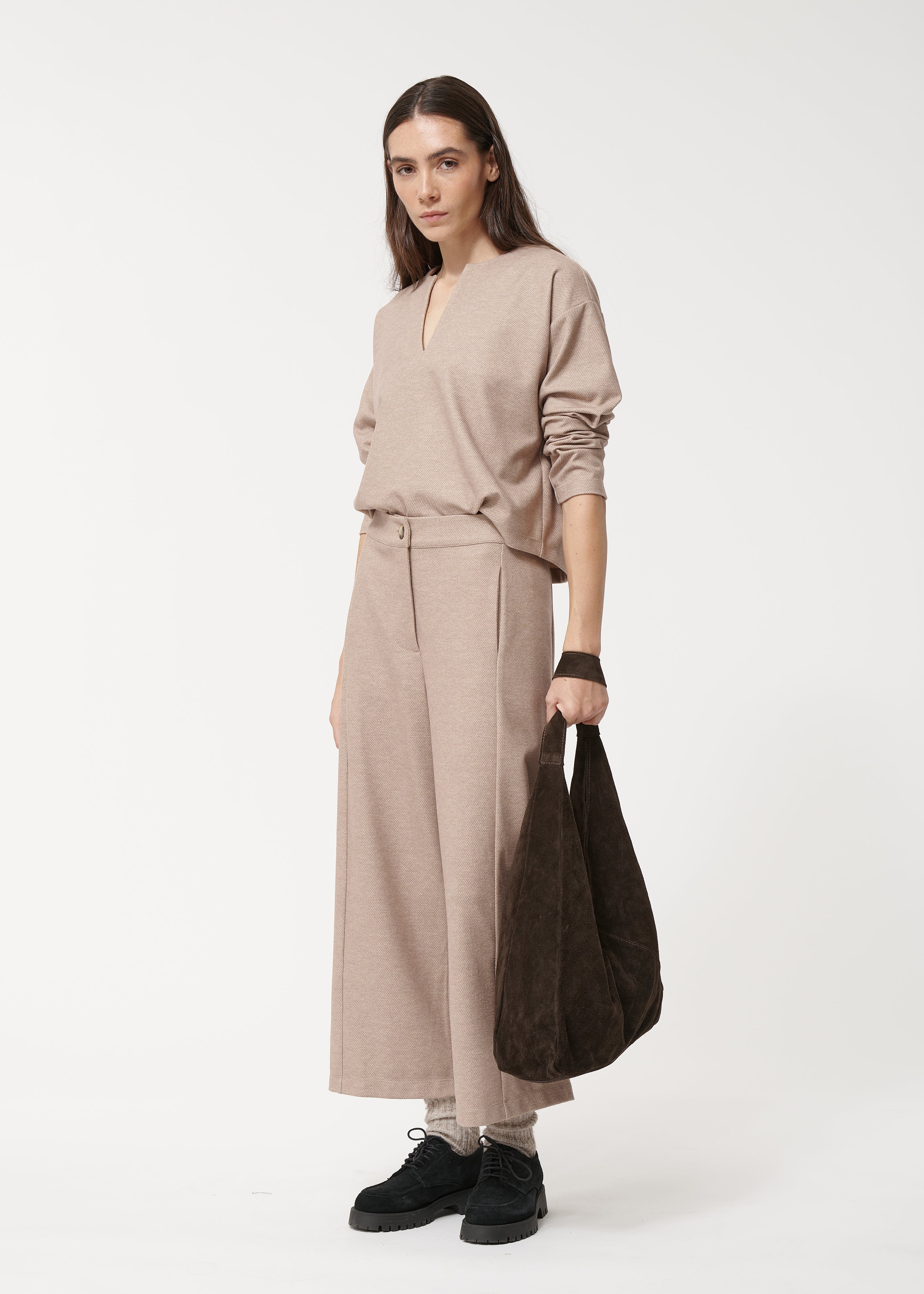 Pantalon beige barrel en jersey flanelle - FICELLE#couleur_FICELLE