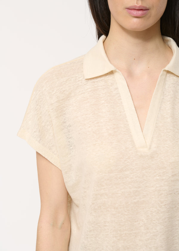 Polo écru en lin fluide manches courtes - ECRU#couleur_ECRU