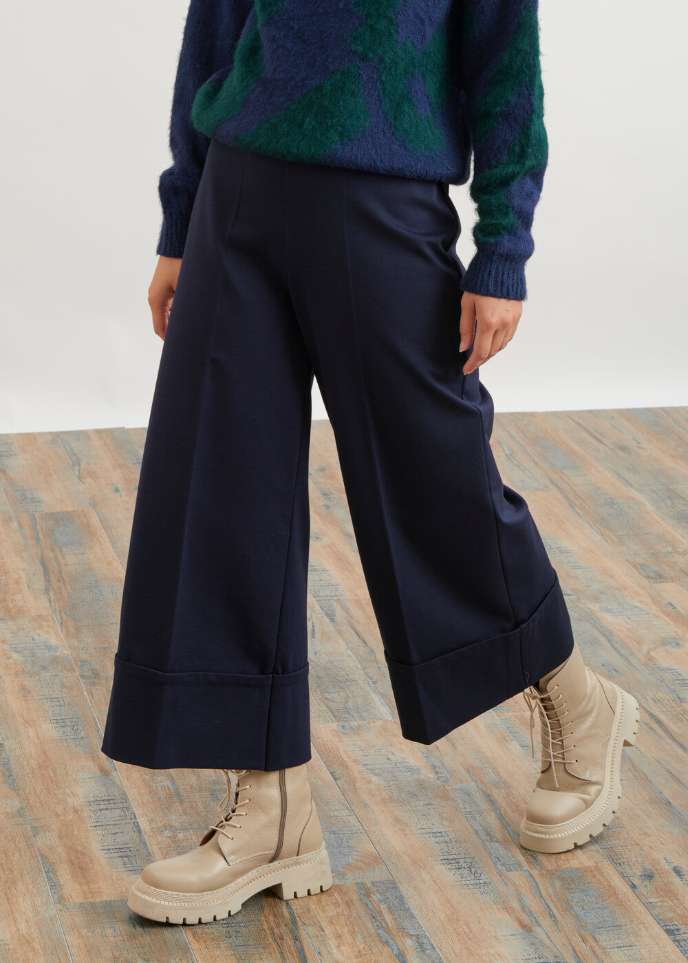 Pantalon large en jersey milano avec grands revers 7/8ème - NAVY#couleur_NAVY
