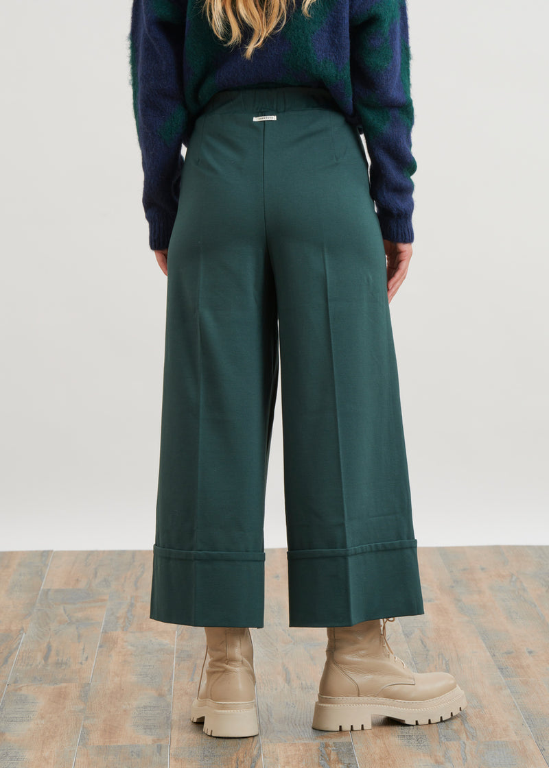 Pantalon large en jersey milano avec grands revers 7/8ème - VERT BOUTEILLE#couleur_VERT BOUTEILLE