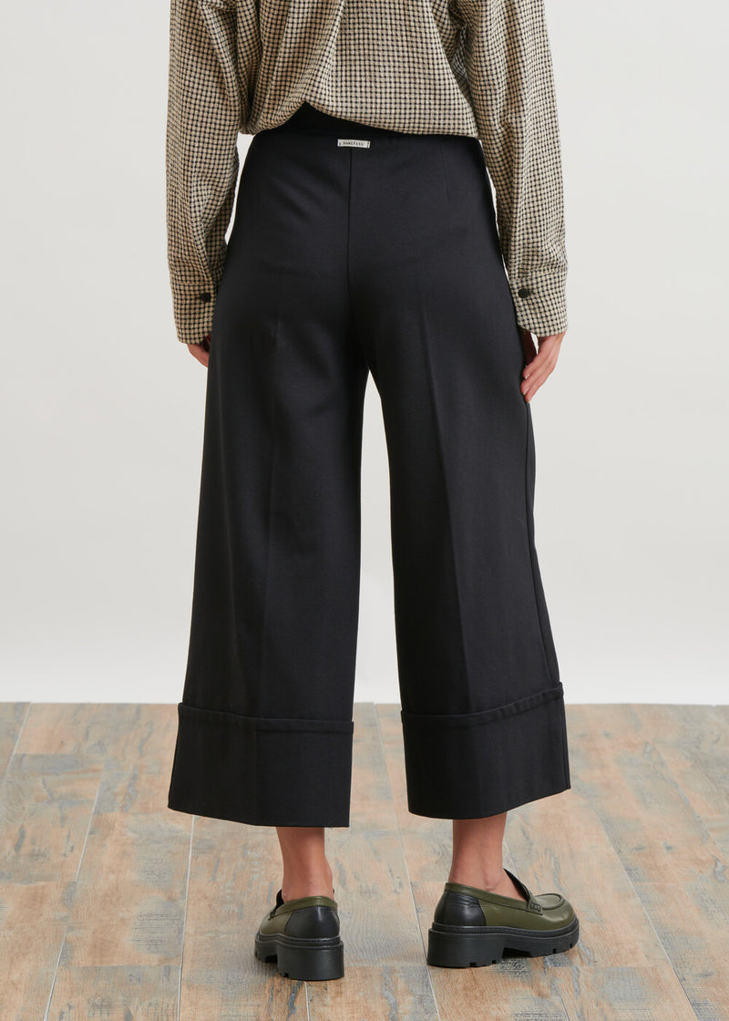 Pantalon large en jersey milano avec grands revers 7/8ème - NOIR#couleur_NOIR