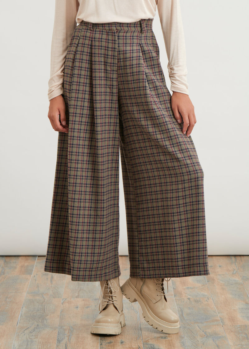Pantalon jupe culotte à carreaux - KAKI#couleur_KAKI