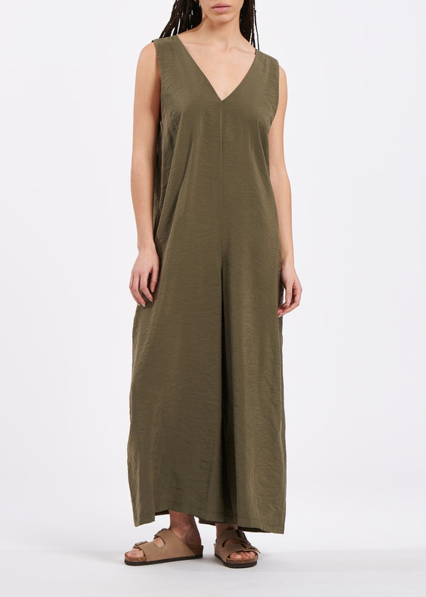 Oversized sleeveless khaki jumpsuit in textured modal