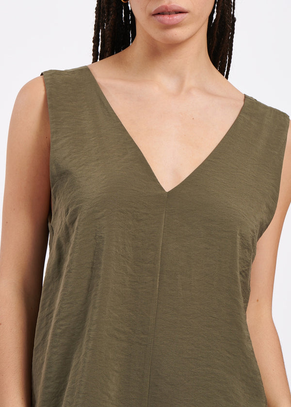 Oversized sleeveless khaki jumpsuit in textured modal