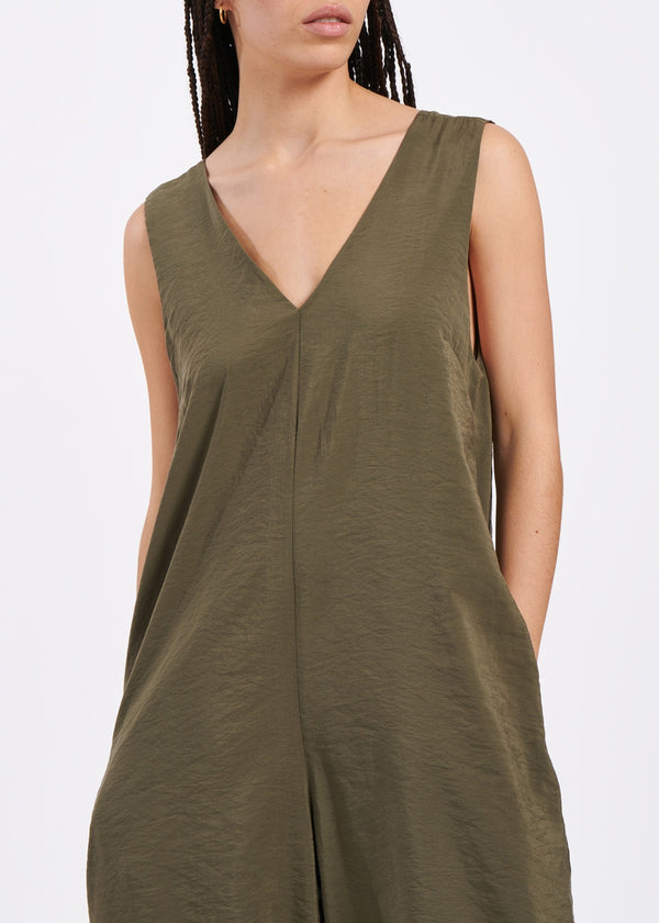 Oversized sleeveless khaki jumpsuit in textured modal
