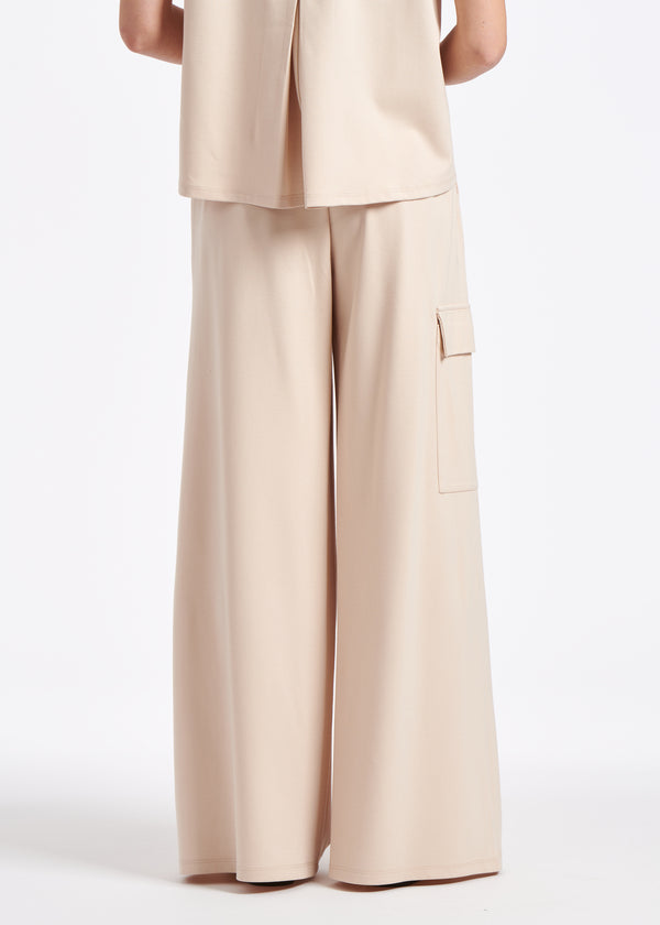 Pantalon large écru en jersey milano - COQUILLAGE#couleur_COQUILLAGE
