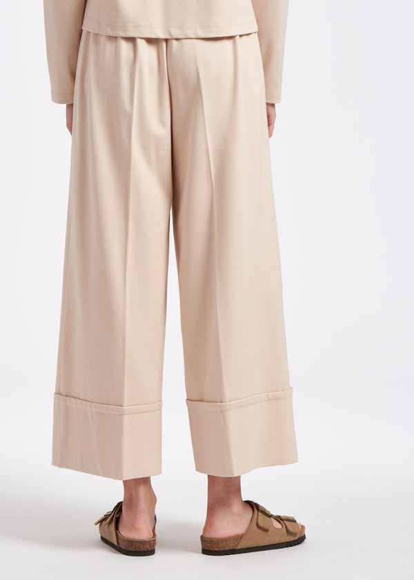 Pantalon large écru à grand revers en jersey milano - COQUILLAGE#couleur_COQUILLAGE