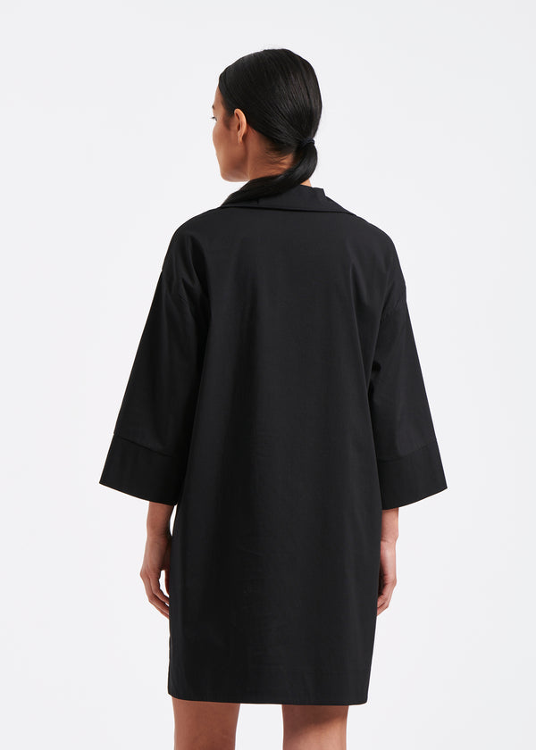 Robe courte trapèze noir manches en popeline de coton - NOIR#couleur_NOIR