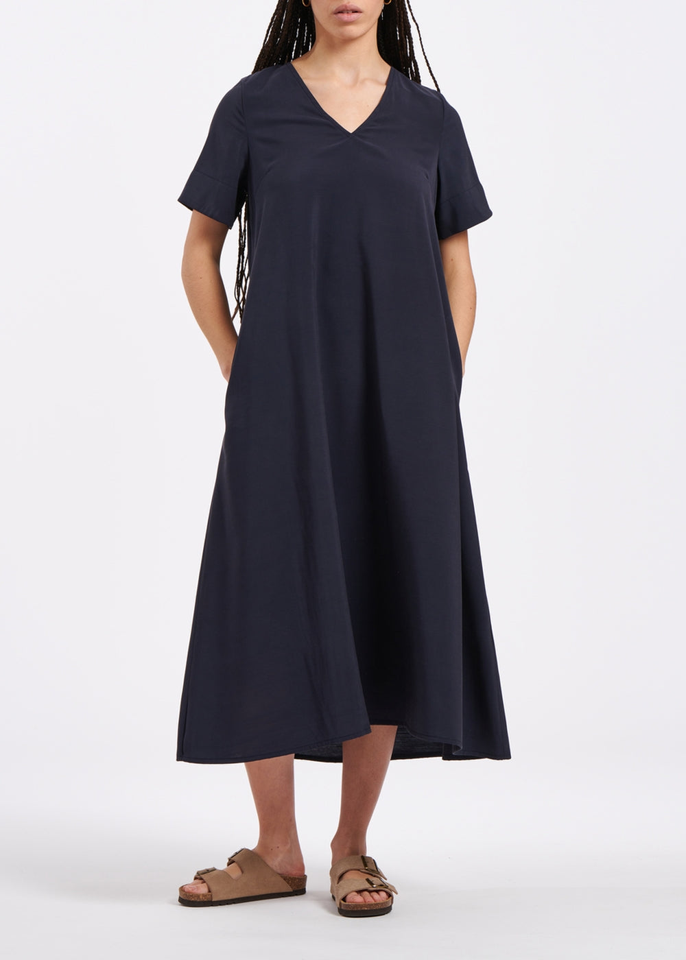 Navy blue textured viscose midi sheath dress