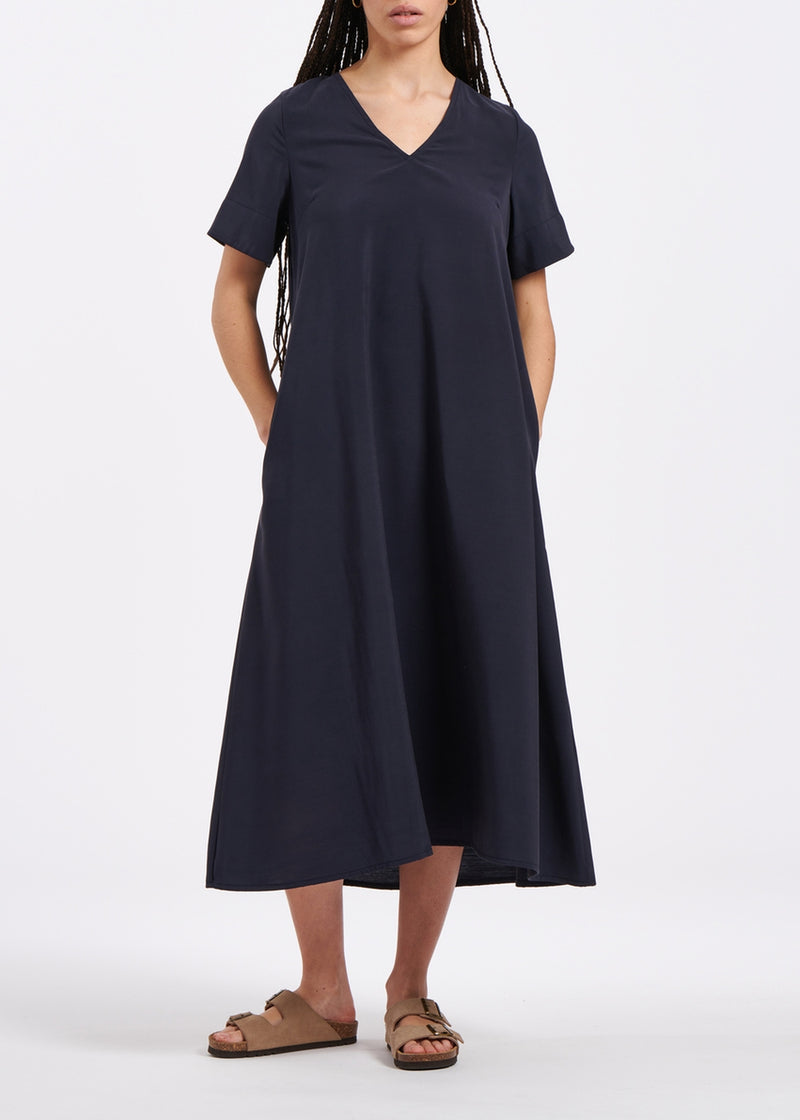 Navy blue textured viscose midi sheath dress