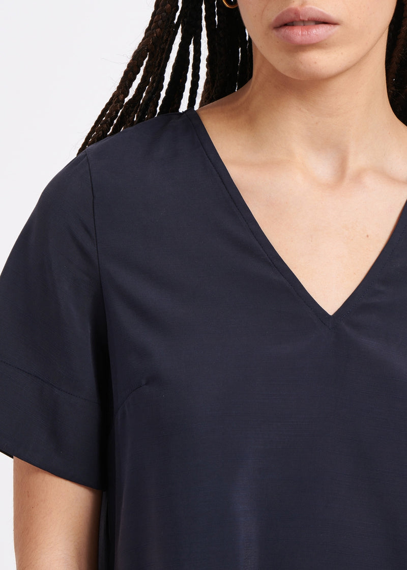 Navy blue textured viscose midi sheath dress