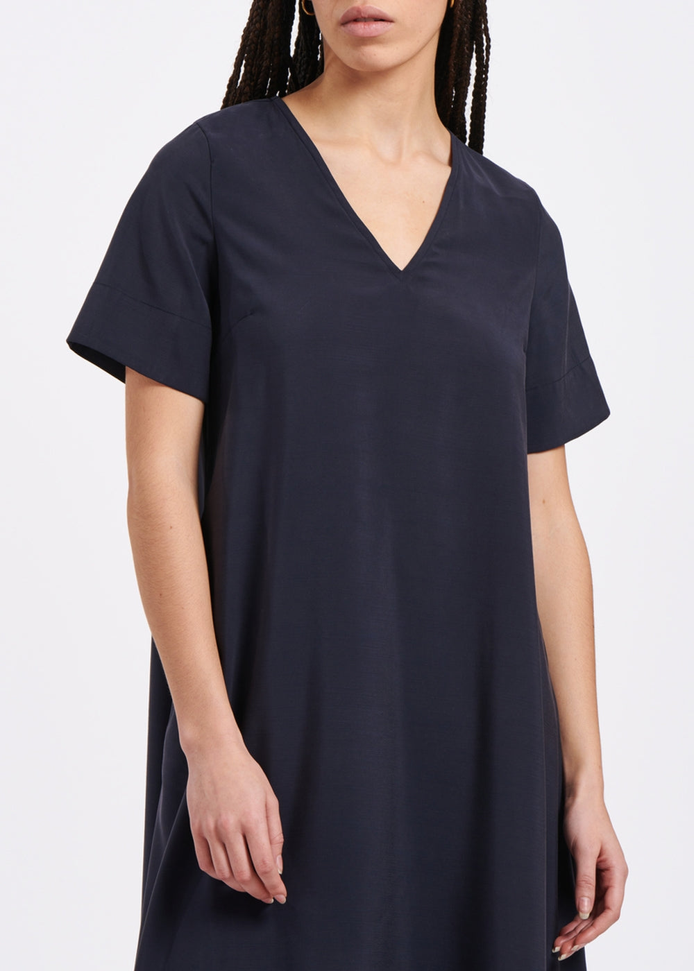 Navy blue textured viscose midi sheath dress