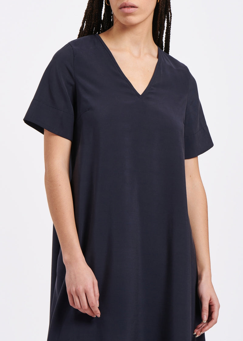 Navy blue textured viscose midi sheath dress