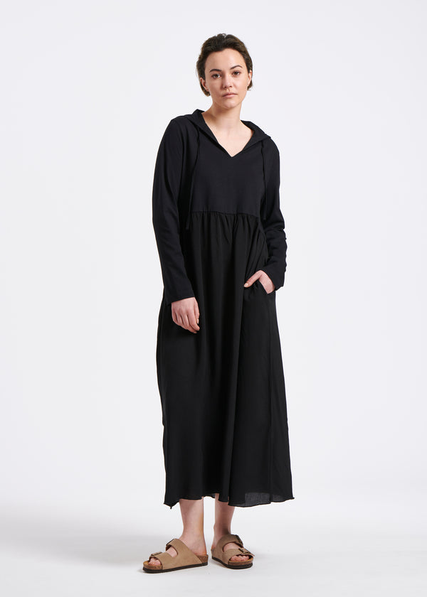 Robe longue à capuche noire bi-matière - NOIR#couleur_NOIR
