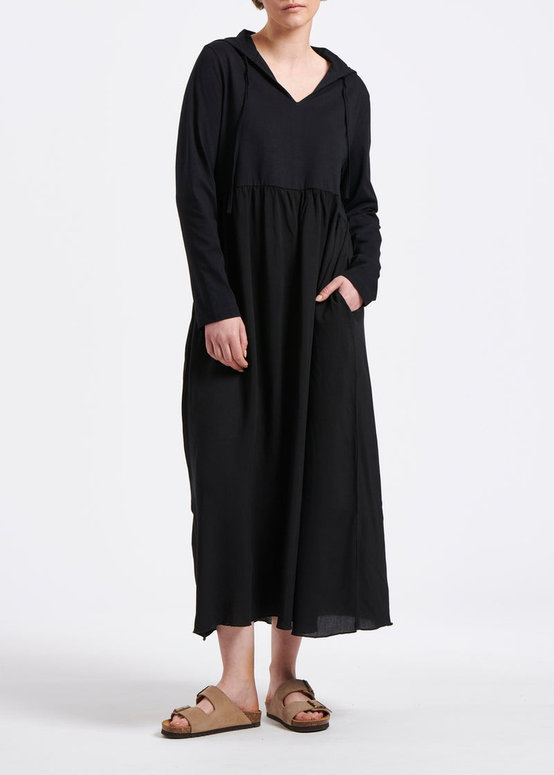 Long black hooded dress in bi-material organic cotton