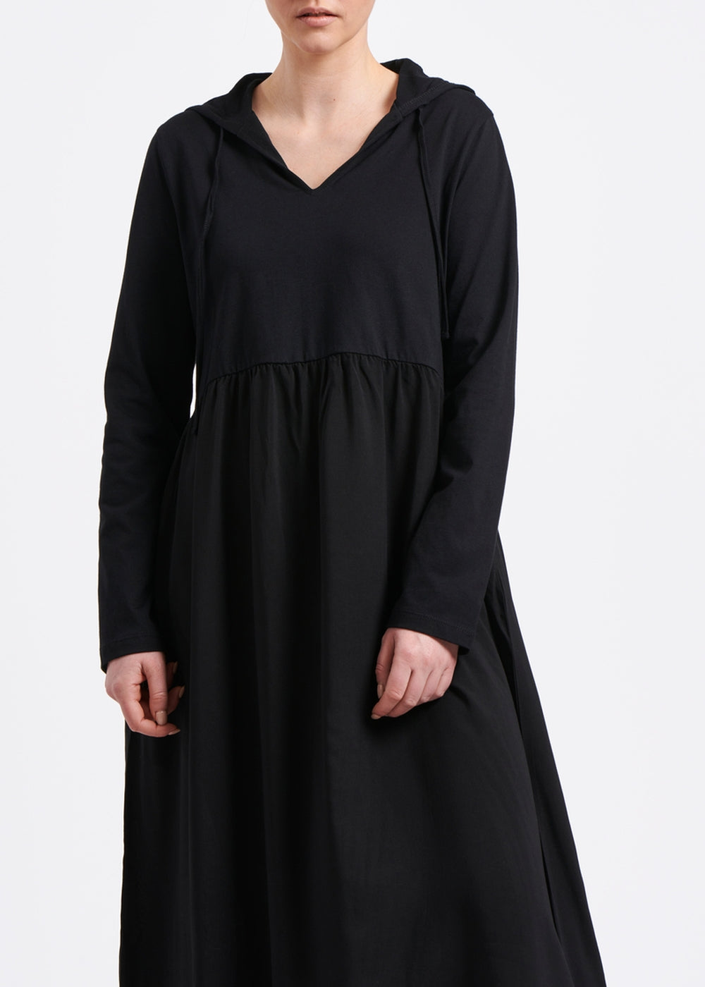 Long black hooded dress in bi-material organic cotton