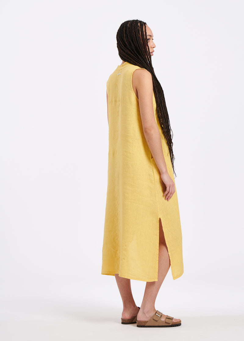 Robe mi-longue évasée jaune en lin sans manches - COLZA#couleur_COLZA