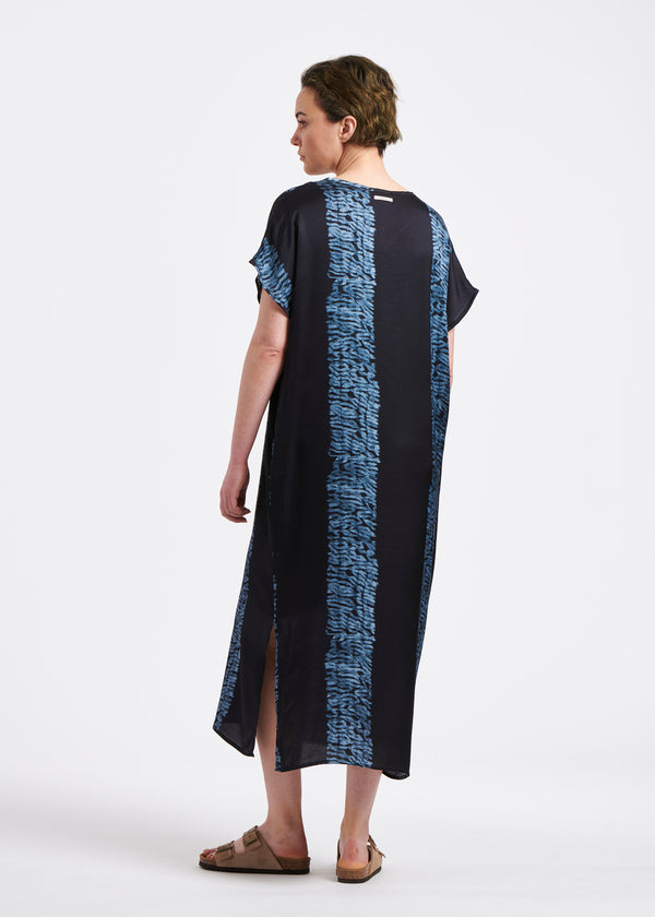 Robe longue housse bleu marine à rayures tie & dye - MARINE/ORANGE#couleur_MARINE/ORANGE