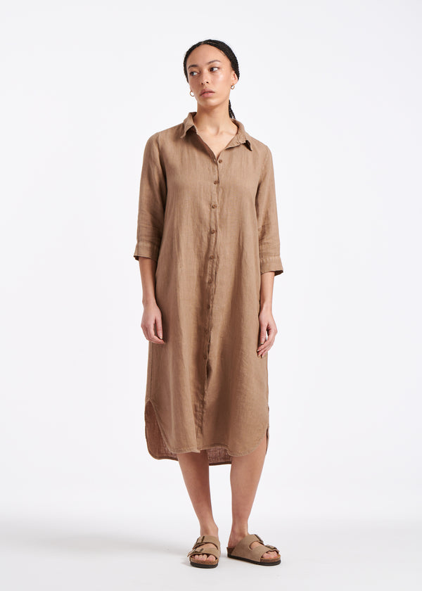 Robe chemise évasée camel en lin souple - COCO#couleur_COCO