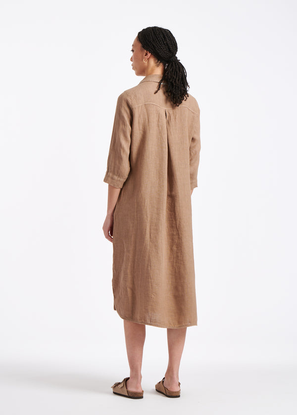 Robe chemise évasée camel en lin souple - COCO#couleur_COCO
