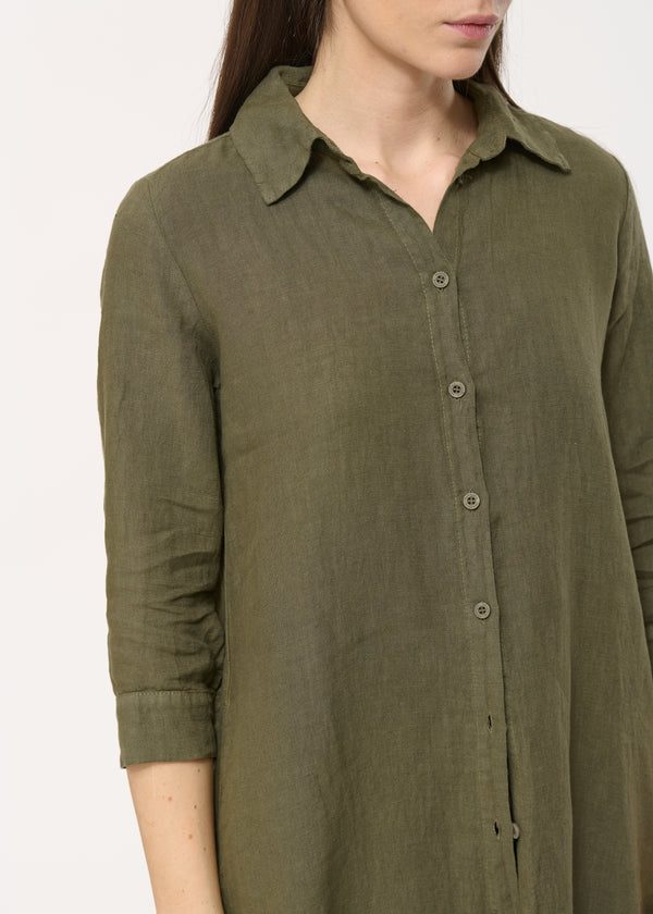 Robe chemise droite kaki en lin manches longues - KAKI#couleur_KAKI