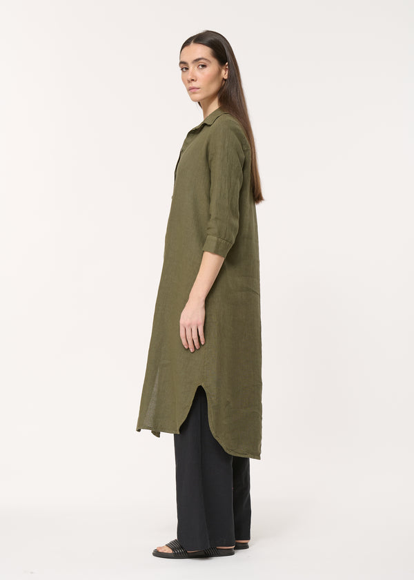 Robe chemise droite kaki en lin manches longues - KAKI#couleur_KAKI