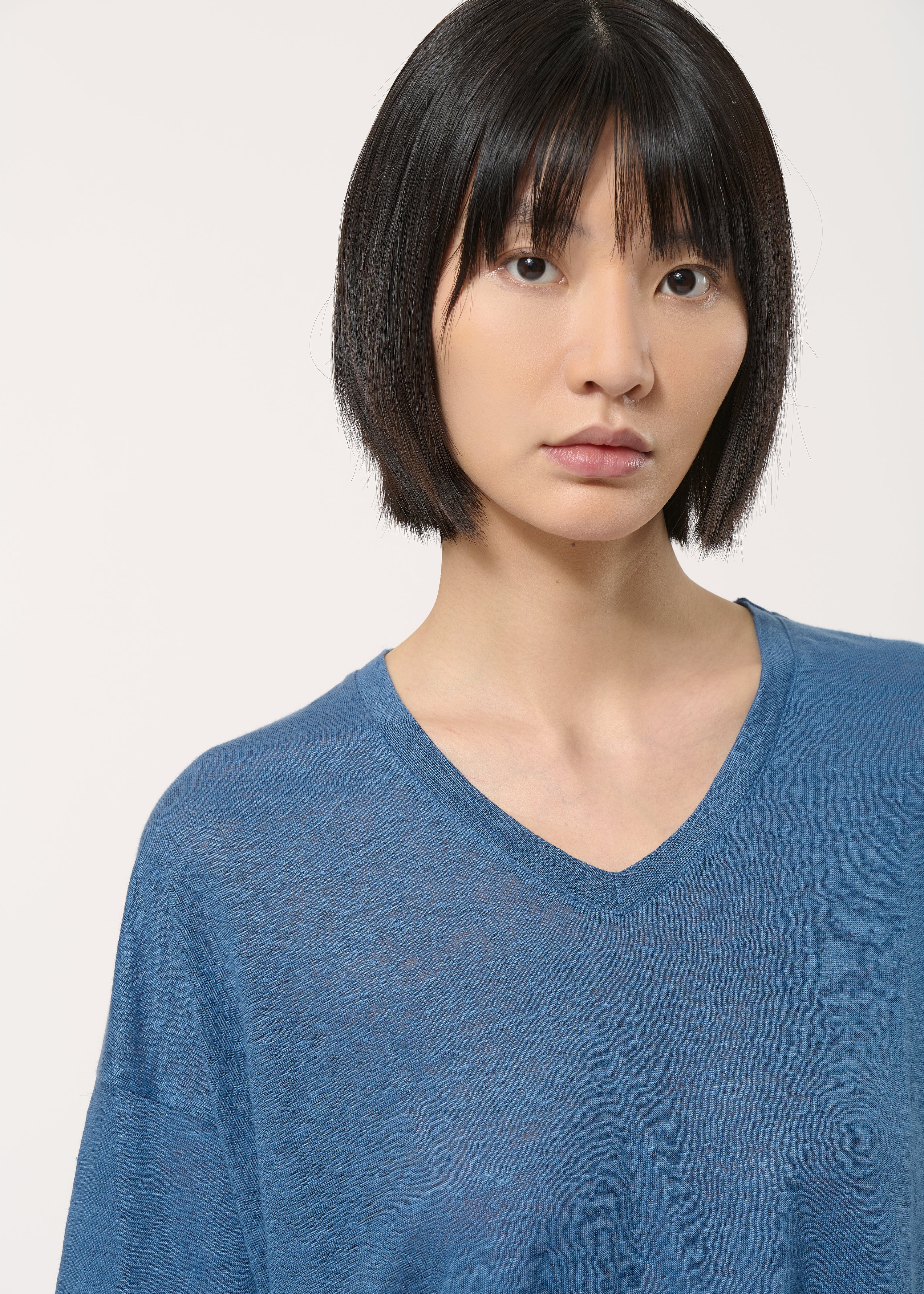 T-shirt bleu foncé ample en lin manches courtes - DENIM#couleur_DENIM
