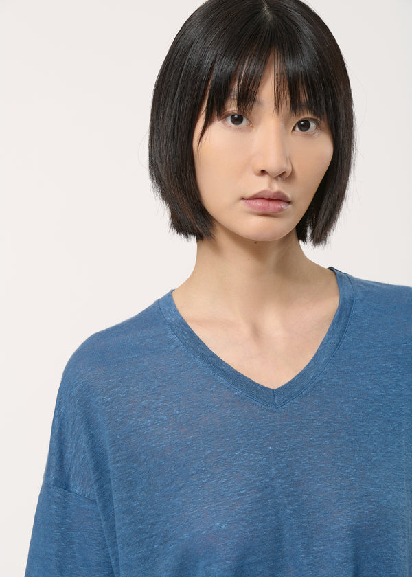 T-shirt bleu foncé ample en lin manches courtes - DENIM#couleur_DENIM