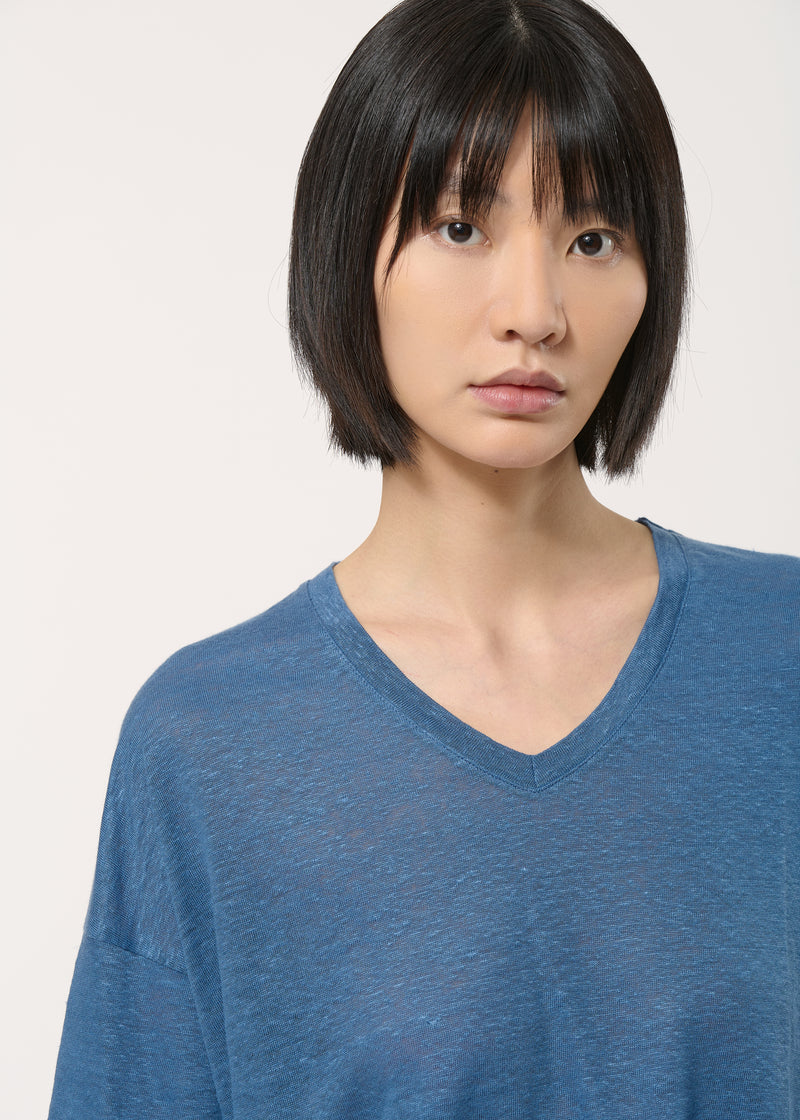 T-shirt bleu foncé ample en lin manches courtes - DENIM#couleur_DENIM