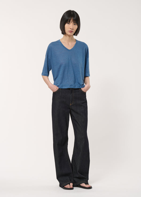 T-shirt bleu foncé ample en lin manches courtes - DENIM#couleur_DENIM