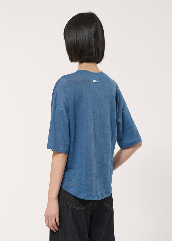 T-shirt bleu foncé ample en lin manches courtes - DENIM#couleur_DENIM
