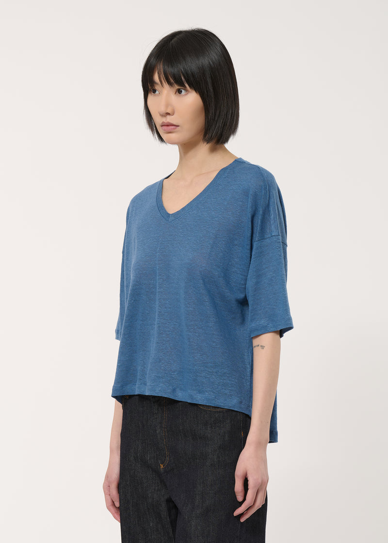 T-shirt bleu foncé ample en lin manches courtes - DENIM#couleur_DENIM