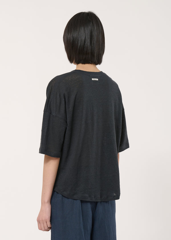 T-shirt noir ample en lin manches courtes - CHARBON#couleur_CHARBON