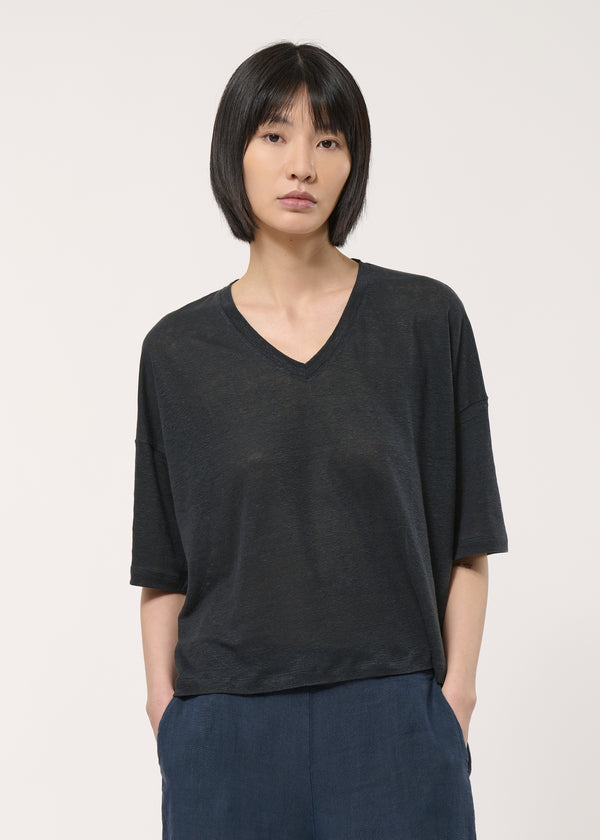 T-shirt noir ample en lin manches courtes - CHARBON#couleur_CHARBON