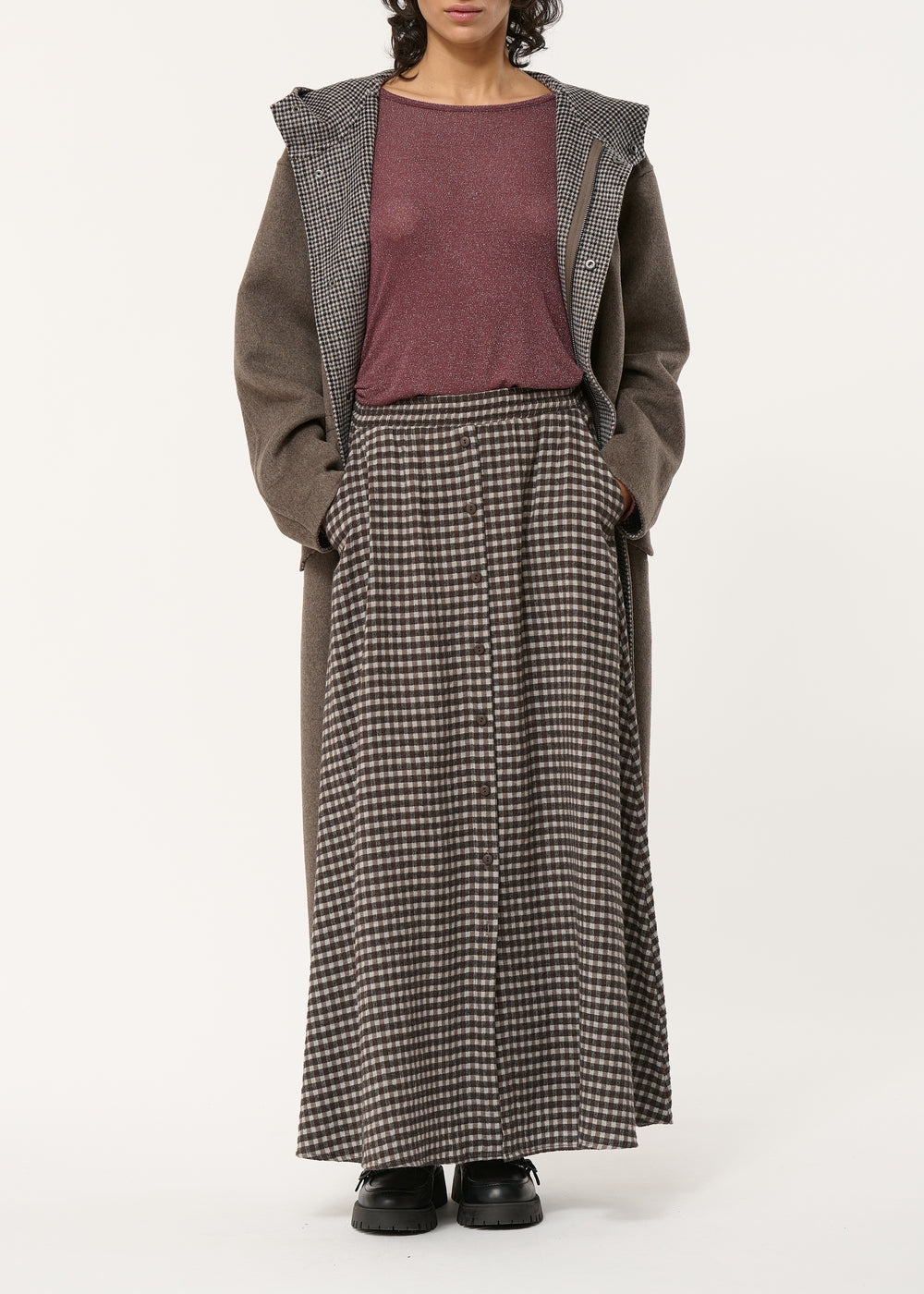 Brown flared long skirt with gingham checks