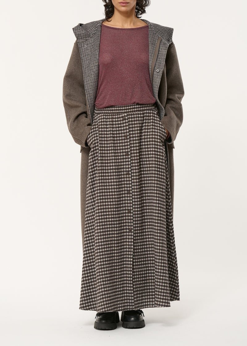 Brown flared long skirt with gingham checks